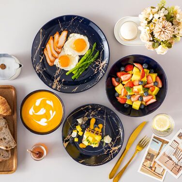 LOVECASA Tafelservice Daphne: 24-частинний набір посуду з золотим декором (Marineblau)