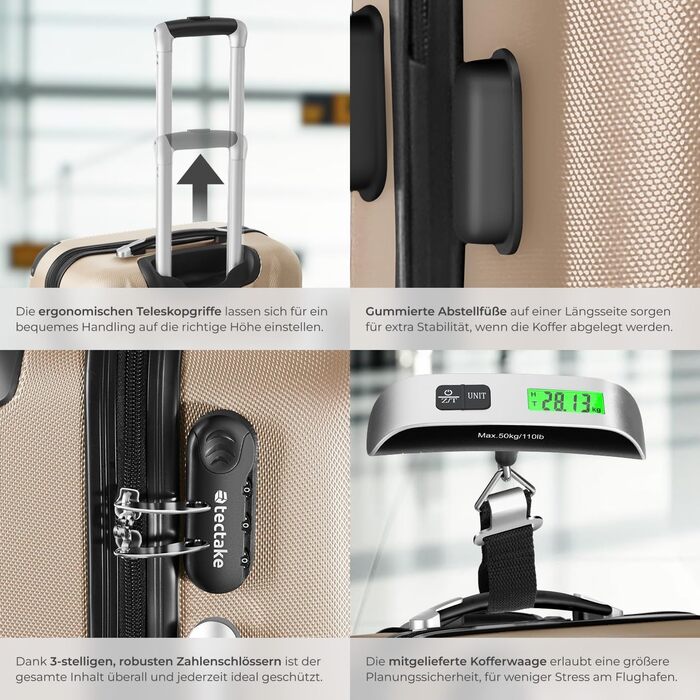 Набір валіз Tectake (M-L-XL) з ваговою та бізнес-ідентифікатором, ABS, телескопічний ручка, коліщата, набір валіз для подорожей, колір шампань