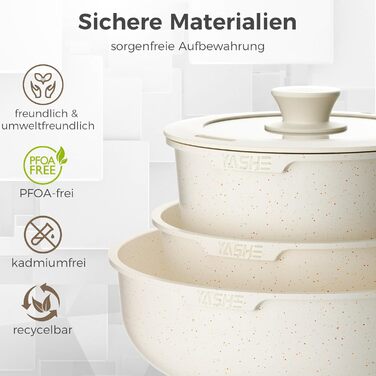 Набір посуду YASHE 9 предметів: каструлі та сковорідки з антипригарним покриттям, білий, для всіх плит, знімний ручка, сумісний з духовкою, компактний, сталевий