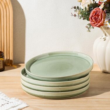 Набір посуду GBhome з реактивної глазурі (12 предметів) для 4 осіб, ручної роботи, мікрохвильова та посудомийна машини, зелений колір, великі тарілки (4 шт.)