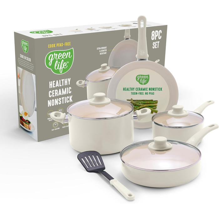 Набір кухонного посуду GreenLife Soft Grip 8 предметів: антипригарне покриття, кераміка, без ПТФЕ, для приготування, смаження, тушкування, з кришками, не нагріваються ручки