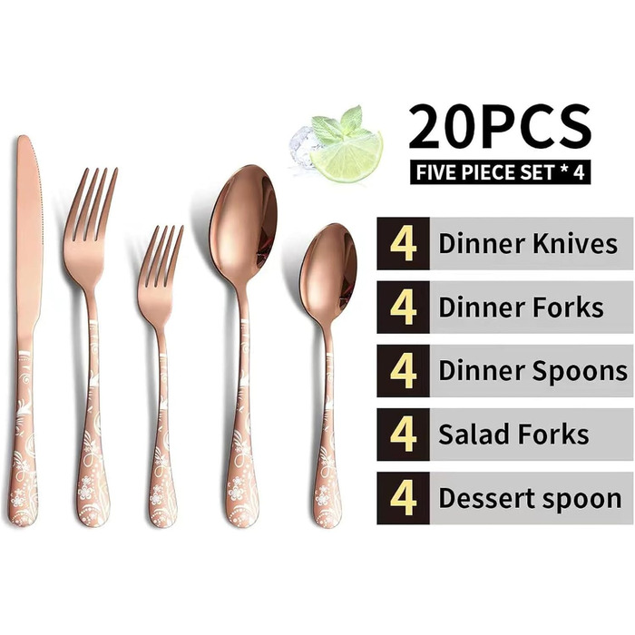 Набір столових приборів на 4 особи, 20 предметів: ножі, виделки, ложки, нержавіюча сталь, рожеве золото, для миття в посудомийній машині