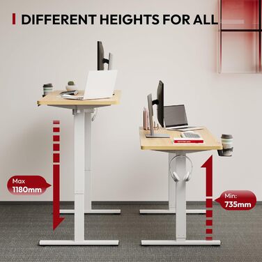 Регульований стіл Sanodesk з великою стільничною поверхнею, аксесуарами (підстаканник, гачки, органайзер, кабель-менеджмент), ергономічний для офісу та дому, шпон берези, 110x54 см, білий+шпон берези