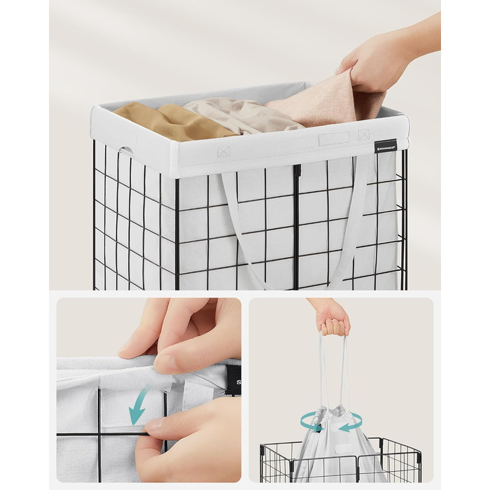 Кошик для білизни SONGMICS 50 л, складний контейнер для білизни, знімний мішок для білизни, який можна прати, металева решітка, для спальні, ванної кімнати, пральні, чорно-біла LCB150W01