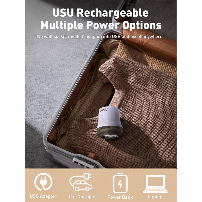 Електричний видалення ворсу для тканини COPPA: 6 лез, 3 швидкості, перезаряджається, для одягу, меблів (фіолетовий)