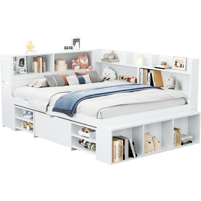 Дитяче ліжко 90x200 з ящиками, полицями та бар'єром, функціональне ліжко з дерева, без матраца, біле
