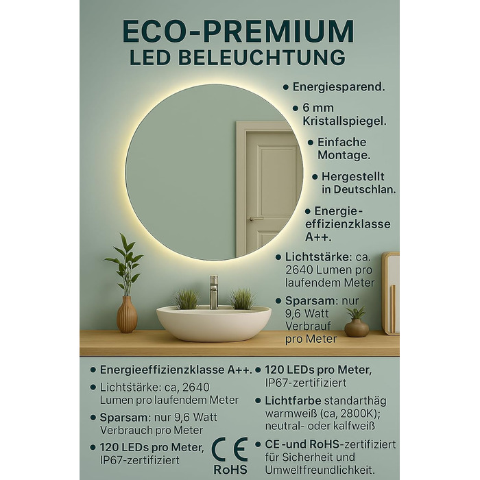 SARAR Круглий дзеркало для ванної кімнати з LED-підсвічуванням 120 см, Made in Germany, дизайн MAR113