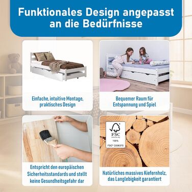 Ліжко дитяче Вробель Kinderbett 90x200 см з 2 шухлядами та ламелями - односпальне ліжко з масиву сосни - ліжко Монтессорі для дітей та підлітків, біле - без матрацу 90 x 200 см