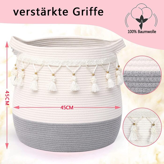 Великий кошик з бавовняного мотузка, плетений кошик для іграшок, білизни та ковдр, круглий кошик для подарунків з ручками для дитячої кімнати D45xH43CM (світло-сірий)