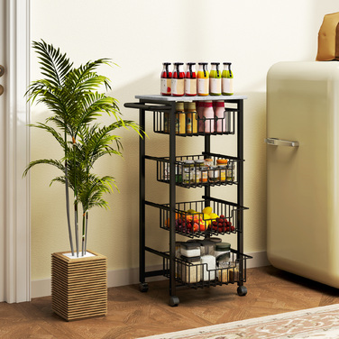 Візок кухонний HOMCOM 4-ярусний на колесах, мобільний сервірувальний візок, кухонний тележка з 4 сталевими кошиками