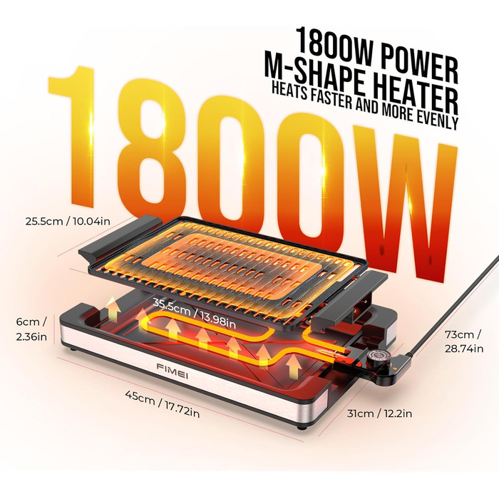 Електричний гриль FIMEI для столу 1800W з антипригарним покриттям, регулюванням температури, для балкону, дому та вулиці, з піддоном для збору жиру (можна мити в посудомийній машині)