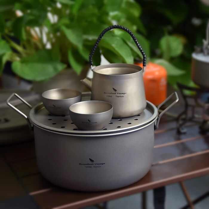 Набір посуду iBasingo Titan для кемпінгу: каструля 1.9L та сковорода 900ml з кришкою. Легкий, портативний, з кришкою, для приготування їжі на відкритому повітрі та вдома. Ti2057C
