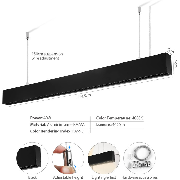 Світлодіодний підвісний світильник Zewanny, 40 Вт/4000K, регульований по висоті, чорний, для їдальні/вітальні/кухні/офісу