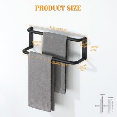 Тримач для рушників подвійний, нержавіюча сталь 304, 40 см, чорний. Настінний тримач для рушників у ванну та кухню. Набір для ванної кімнати