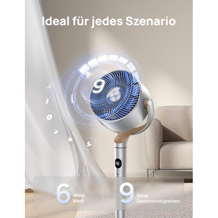 Вентилятор підлоговий Dreo з Wi-Fi та LED, 102 см, 8 швидкостей, 3 режими, тихий 20dB, велика потужність, срібний