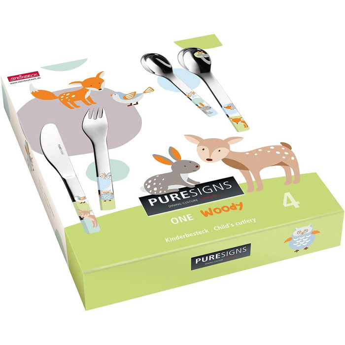 Puresigns WOODY Преміум дитячий набір столових приборів: ергономічний 4-частинний набір з нержавіючої сталі з мотивами лісових тварин для хлопчиків та дівчаток