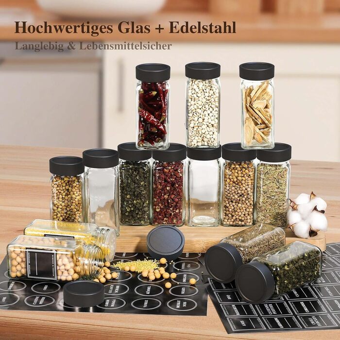 Набір скляних банок для спецій 24 шт. [120 мл, кутові & герметичні] з кришками з нержавіючої сталі, етикетками та ситами - набір спецій, воронки та щітки для чищення - зберігання спецій, баночки для спецій (матова чорна)