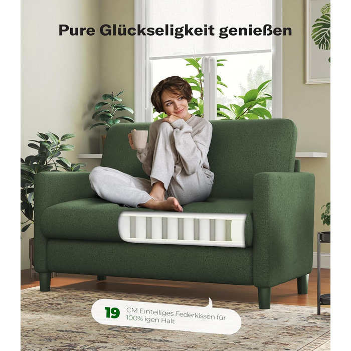 Диван 2-місний, компактний, 130 см, зелений. Зручний диван для підліткової кімнати, легко збирається без інструментів. Дивани з масиву дерева, компактні дивани для вітальні.