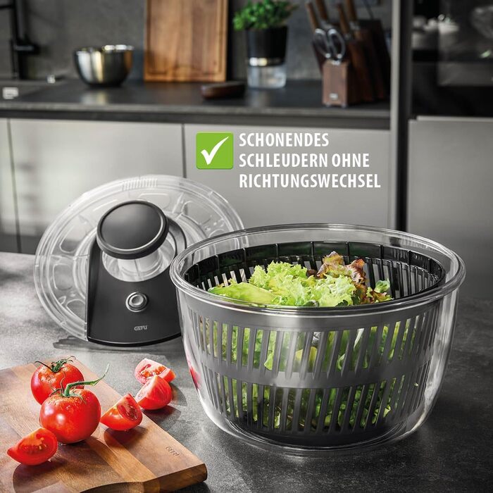 Салатниця-швидкообертач GEFU з кришкою для зберігання | 3л пластикова чаша з вбудованим ситом та ручним приводом | Чорний/Сірий колір