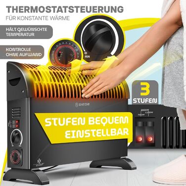 Конвектор KESSER 2000 Вт з таймером 24 год, захистом від замерзання, терморегулятором, турбонагрівом, 3 режими, ручки для перенесення, чорний