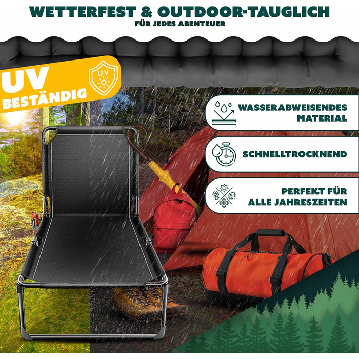 Розкладне кемпінгове ліжко KESSER з преміум-матрацом та подушкою, 190x68x30 см, до 250 кг, з кишенею та підстаканником, чорно-помаранчеве