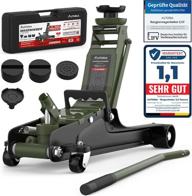 Гідравлічний домкрат Wagenheber 2.5T низькопрофільний для легкових авто та авто з низькою посадкою, зелений оливковий, до 2500 кг, з кейсом та 3 гумовими накладками