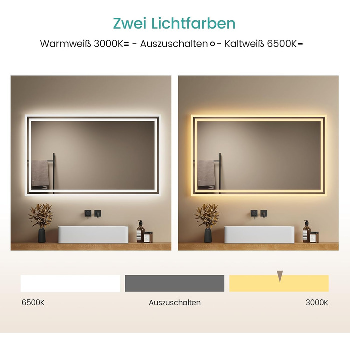 Дзеркало для ванної кімнати EMKE з підсвічуванням 40x60 см LED, антизапар, холодний/теплий білий, з кнопкою, алюмінієва рама, IP44, енергозберігаюче