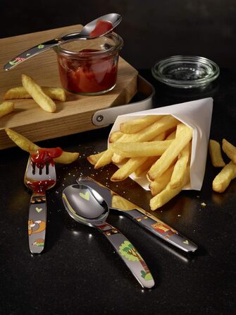 Дитячий набір столових приборів RÖSLE 'Waldfreunde' (4 шт.) з нержавіючої сталі 18/10, для дітей від 3 років, придатний для миття в посудомийній машині, чудовий подарунок на хрещення для хлопчиків та дівчаток