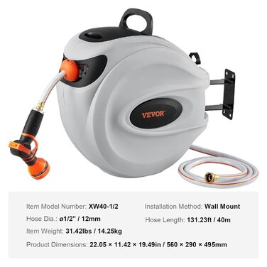 Збірний барабан для шланга VEVOR 12 мм x 40 м з кріпленням на стіну, автоматичний зворотний відбій, поворотна кріплення 180° та насадка з 9 шаблонами