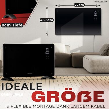 ProfiCare® Електричний конвектор з скляною передньою панеллю та X-подібним нагрівальним елементом | Мобільний обігрівач, також підходить для настінного монтажу | Конвектор з 2 рівнями нагріву | Безшумне опалення - 0dB | PC-GKH 3119 чорний