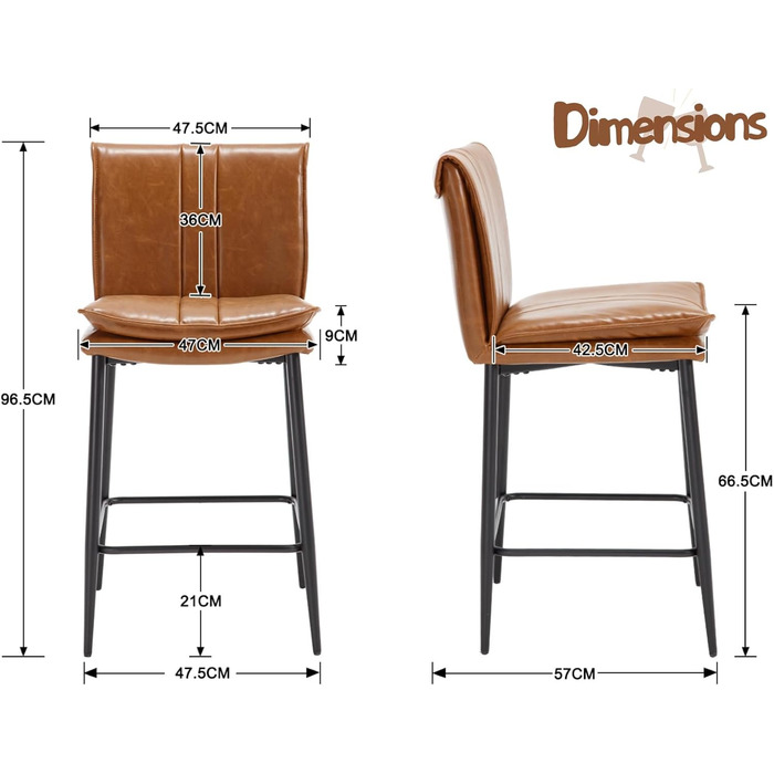 Набір з 2 барних стільців Chairus з PU шкірою, без підлокітників, для кухні, барної стійки, вітальні (зелений, коричневий)