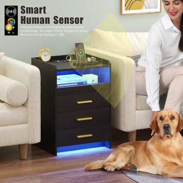 Нічний столик FREDEES з LED-підсвічуванням, ящиком, зарядкою та датчиком руху, сірий (2), чорний