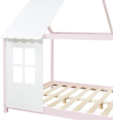 Дитяче ліжко Tostedt en.casa: ліжко-будиночок, ліжко-ігровий будиночок, ліжко Монтессорі з масиву сосни, 120x200 см, рожево-біле