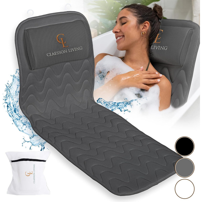 Подушка для ванни для всього тіла 125x43см - Подушка для ванни з підголовником для підтримки шиї, спини та ніг - З мішком для прання та подорожей та гачком для швидкого сушіння - Сіра