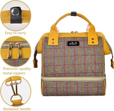 Сумка для пікніка Viedouce, ізольована сумка для ланчу, рюкзак для дитячих пелюшок, невеликий рюкзак для сповивання, рюкзак для молоковідсмоктувача, багатофункціональний дорожній рюкзак для офісу, кемпінгу, Чорний (Міні-жовтий)