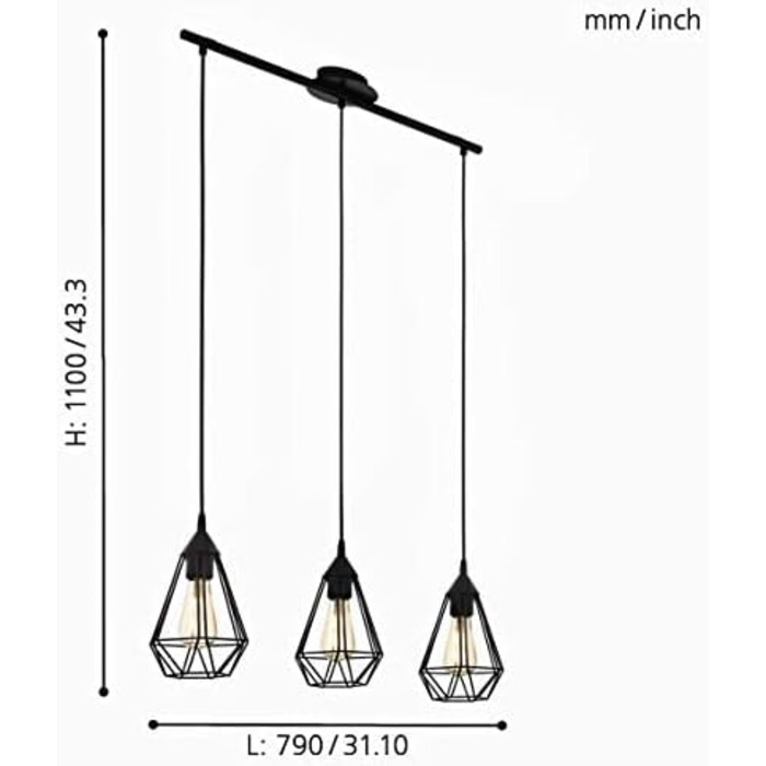 Підвісний світильник EGLO Tarbes вінтажний, 3-полум'яний, ретро, сталь, E27, чорний, Їдальня підвісний світильник