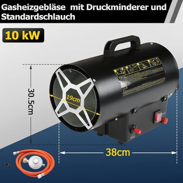 Газовий нагрівач для приміщень Ikodm 10kW 220V: газовий нагрівач, газовий обігрівач, газовий нагрівач-вентилятор, пропановий нагрівач, 320 м³/год, з газовим шлангом 1,2м та редуктором 700 мбар