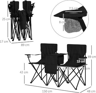 Подвійне крісло для кемпінгу Outsunny, портативне подвійне розкладне крісло зі столом, підстаканником, відсіками для зберігання, садовим стільцем для 2 осіб, для газону, пляжу, чорного