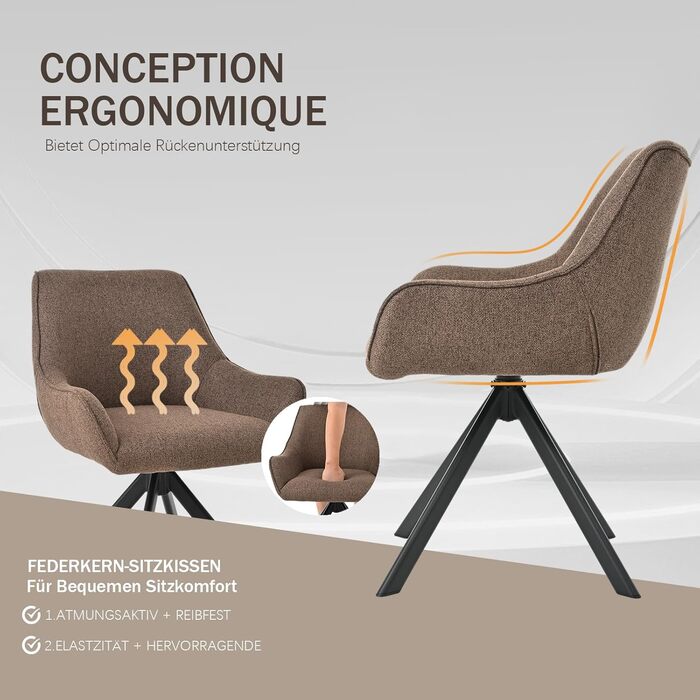 Обідні крісла поворотні 6 шт. з підлокітниками – 360° обертання, м'яке крісло з льону, сучасний поворотний стіл для кухні з металевим каркасом та спинкою для їдальні, вітальні, офісу, коричневий. 6 шт.