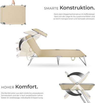 Лежак для саду Tectake з сонцезахистом, розкладний, для балкону/тераси, з регульованою спинкою, пляжний, до 110 кг, сірий (Бежевий | № 400656)