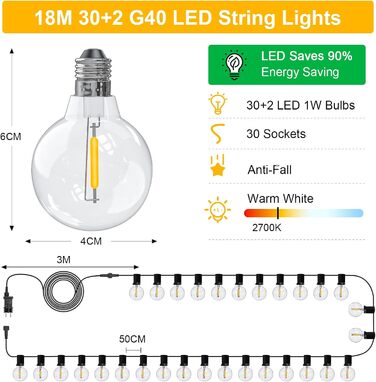 Світлодіодні ліхтарі для вулиці, 10 м з регулюванням яскравості, 16 теплих білих лампочок G40, водонепроникні IP44 для саду/балкона