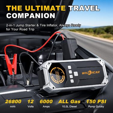 Портативний пусковий пристрій Starthilfe Powerbank 6000A з компресором, ліхтарем Lumen та LCD-дисплеєм. Чорний