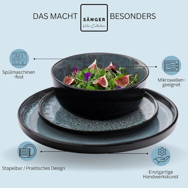 Набір посуду SÄNGER Manila на 6 осіб (30 предметів) | Керамічний сервіз, блакитний з чорним обідком