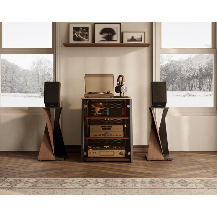 FITUEYES HiFi стійка з скляними дверцятами, стіл для програвача з захисним оснащенням, регульовані полиці для програвача та стереосистем, 66x65x81 см