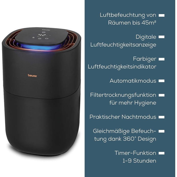 Зволожувач повітря Beurer LB 300 Plus: Тест-переможець Stiftung Warentest, холодне випаровування, індикатор вологості, фільтр-сушка, до 45 м²