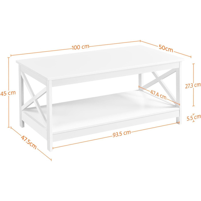 Журнальний столик Yaheetech з X-Frame, зберіганням і полицею, 100x50x45 см, білий