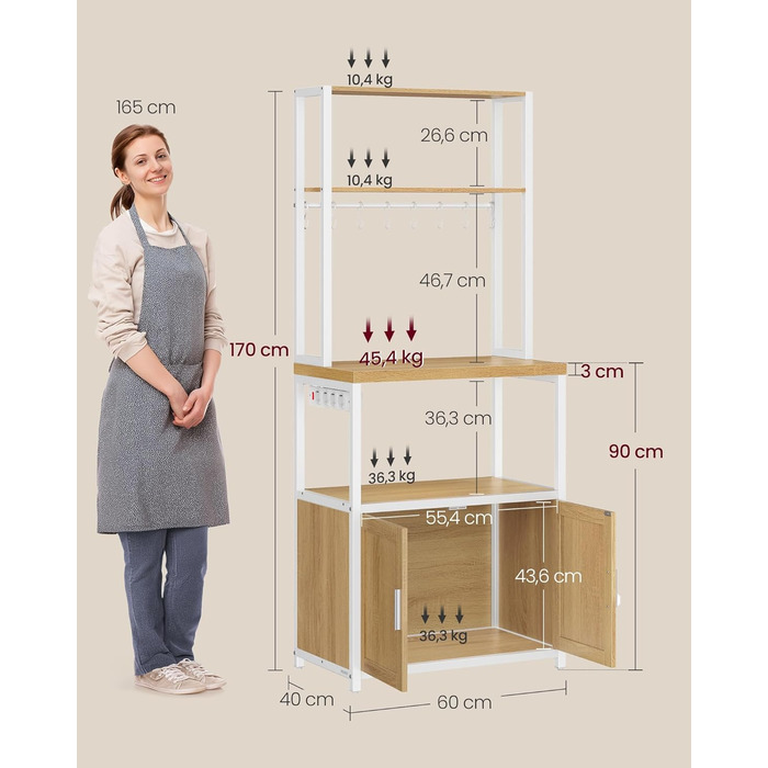 Стелаж кухонний VASAGLE з розетками, шафка, робоча поверхня 90 см, 8 гачків, 40 x 60 x 170 см, вінтажний колір, KKS058K02