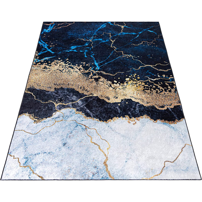 Сучасний Мазовецький килим-миється килим з коротким ворсом-М'який килим для вітальні, спальні , їдальні-килими з мармуровим абстрактним малюнком-чорний сірий золотий (160 х 230 см, синьо-сірий золотий / 37050)