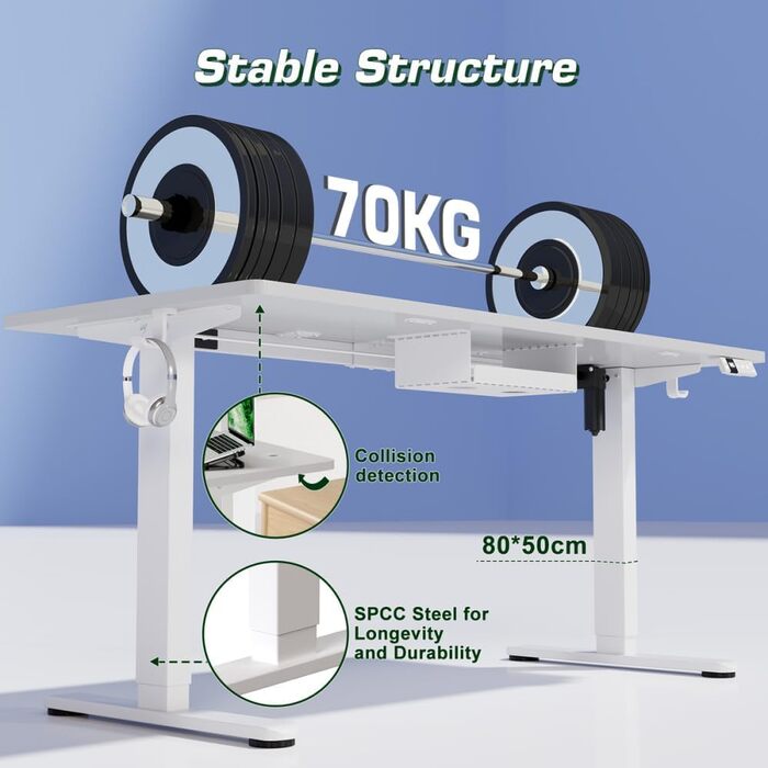 Електричний регульований стіл Airfish 160 x 80 см з USB-C зарядкою, кабелеуправлінням та 3 рівнями пам'яті (білий)