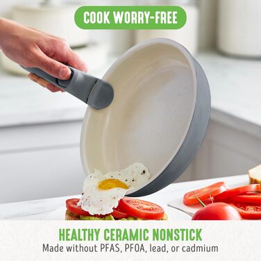 Набір посуду GreenLife 10 предметів з антипригарним покриттям, знімні ручки, складаний посуд, антитоксичні, без PFAS сковороди, індукційні каструлі та сковороди, економія місця, сервіровочні миски (Сірий (Графіт//Nature's Delight))